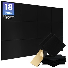 Focusound 18 Pack Sound Proof Panels for Walls, Self-Adhesive Acoustic Panels Sound Absorbing, 12" X 12" X 0.4" High Density Black Square Soundproof Wall Panels for Walls
