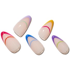 GLAMERMAID Nude French Tip Press on Nails Short Almond, Medium Colorful Fake Nails with Design, Stiletto Acrylic Nude Oval False Nail Kits Neutural Stick Glue on Nails Set for Women Reusable Gel Nails