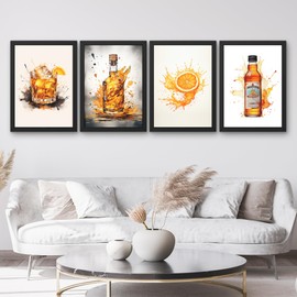 Set of 4 Old Fashioned Watercolor Splash Prints - Featuring Cocktail, Bourbon, Orange and Agootoona Bitters Posters - Available in A3 & A4 Matte Paper - Living Room Wallart (A4 Print Only)