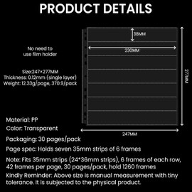 AG shop plastic Archival Storage Sheets for 35mm Film Negatives 7 Strips 30 Pack| archive safe filing sheets for ring binder| Negative filing sheets| archivial sleeves| film negative holder
