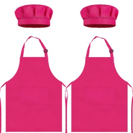 TOPWAYS Kids Apron and Chef Hat Set, kids Aprons for Cooking 2 Pack, Adjustable Toddle Kitchen Chef Apron, Kids Artist Painting Apron Bib with Two Pockets for Kids 3 4 5 6 years (2 x rose red, L)