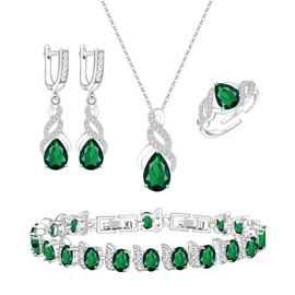 GZWHD Jewelry Set for Women CZ Earrings Necklace Ring Bracelet Set Prom Party Wedding Jewelry Gift for Mother Sister Daughter Friend Wife, Brass, Created Emerald