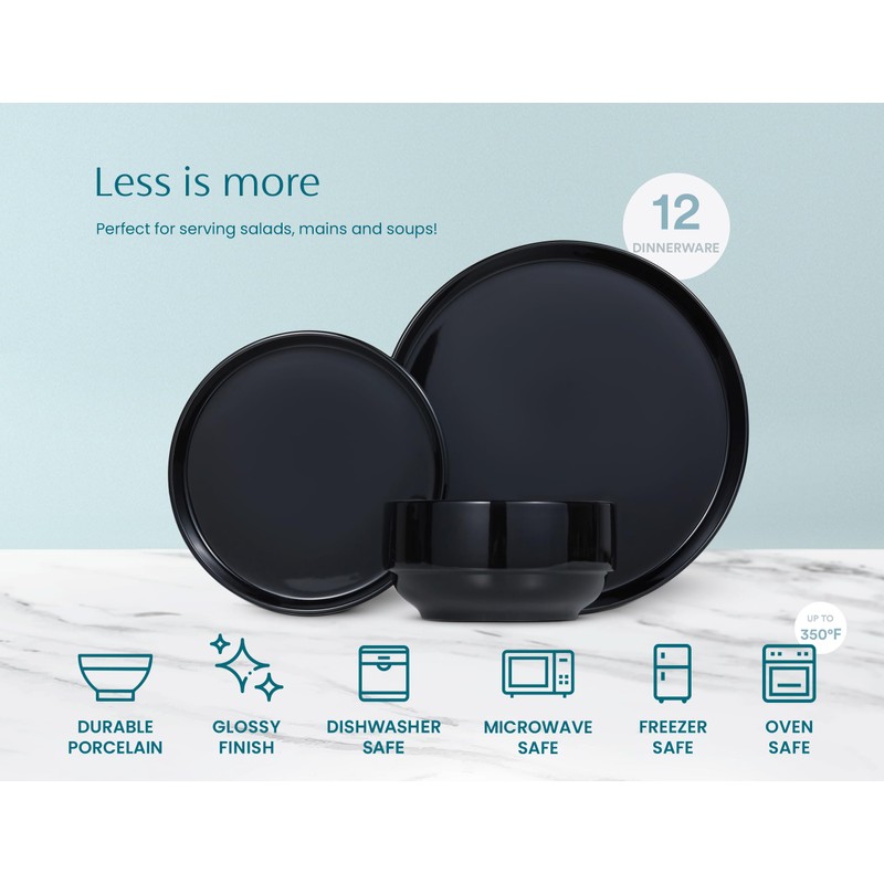 Vase and Vessel Ceramic Dinnerware Set, 12-Piece Service for 4,