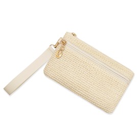LJCZKA Stroh Portemonnaie Damen Strohtasche Stroh Geldbörse Handtasche Sommer Strandtasche Strand Clutch Böhmische Reisen Urlaub mit Handschlaufe (Beige)