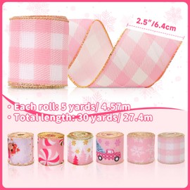 KINGLAKE Christmas Ribbon Wired 2.5 Inch Pink Christmas Wired Edge Ribbon,30 Yards Christmas Tree Ribbon Santa Snowflake Candy Cane Plaid Ribbon for Bow Wreaths Gift Wrapping Xmas Decorations Crafts