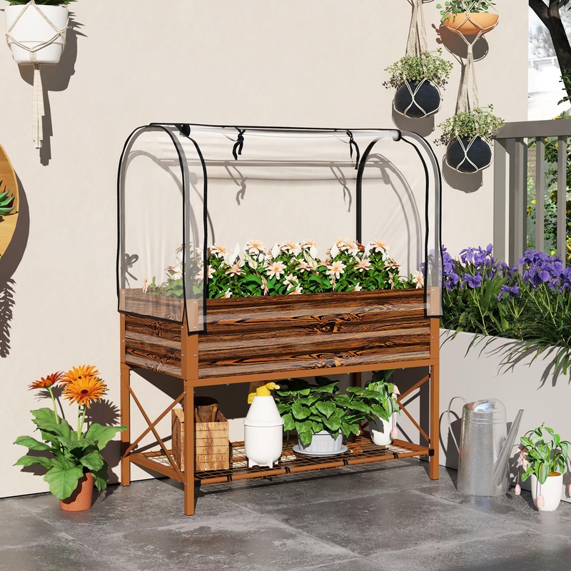 Outsunny Raised Garden Bed with Cover and Storage Shelf, Rectangular