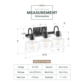 METWET Bathroom Light Fixtures, 3-Light Matte Black Vanity Lights with Clear Glass Shade, 20 Inch Vintage Vanity Lighting Fixtures Over Mirror, VL124-MB-3