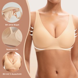 INNERSY Women's Bra Without Underwire Seamless Bra V-Neck Comfortable Classic Bra with Bra Extension, beige, L
