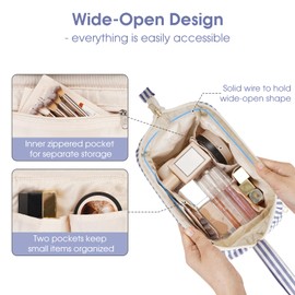 Narwey Large Makeup Bag Wide-Open Zipper Pouch Travel Wash Bag Toiletry Bag Cosmetic Organizer for Women (Greyish Blue Stripe)