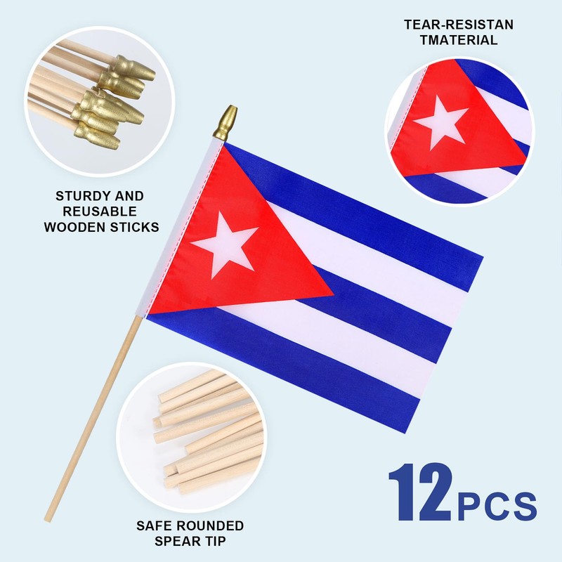 HSQCEZ 12Pcs Small Cuba Flags on Wooden Stick Mini Cuban