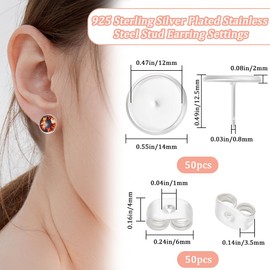 Beebeecraft 1 Box 50Pcs Cabochon Stud Earring Blanks 925 Sterling Silver Plated Stainless Steel Brass Round Prong Bezels Trays Post Studs Butterfly Backs Settings for Jewelry Making Earrings Findings