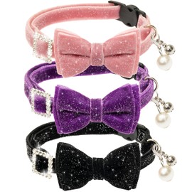 ZEEMIAS Cat Collars with Bow for Girl Boy Cats - Bow Tie Bling Cute Breakaway Cat Collars - Adjutsable Rhinestones Pink Black Purple Cat Collars with Bell