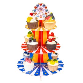 Grünara Carnival Decoration Cupcake Stand - 3-Tier Carnival Circus Cupcake Stand, Cardboard Stand for Muffins & Desserts, Fancy Dress Party Decoration, Birthday Party, Circus Theme Party, Reusable