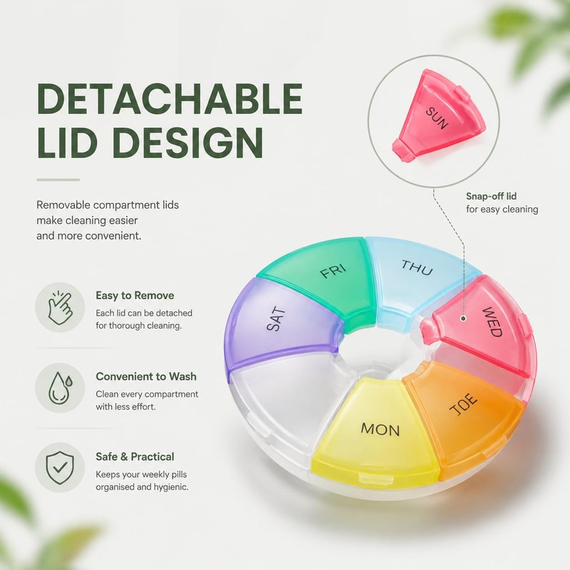 7 Day Pill Box Organiser Round Compact Travel Pill Box,
