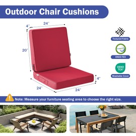 IPYNBAP Outdoor Chair Cushion Set 24 x 24 x 4 Inch, Waterproof & Fade Resistant Patio Furniture Cushions, Deep Seat & Back Cushion with Ties and Removable Covers for Chair Sofa Couch, Burgundy