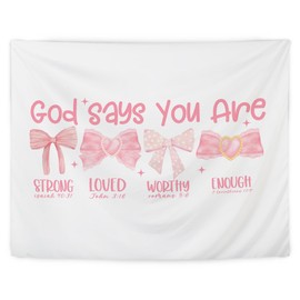 LUVADIAN Christian bow Tapestry, pink coquette bow Tapestry,god says you are tapestry, Bible Verses Christian Tapestry Wall Hanging for Bedroom Living Room Decor, Christian Home Decor, 50x60 Inches