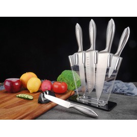 Hollory Kitchen Knife Set,7 Pieces Stainless Steel Kitchen Knife Set with Clear Acrylic Block and Sharpener,Non-Stick Kitchen Knife for Cutting of Meat Vegetables and Fruits-Silver