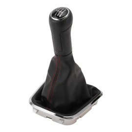 Partuto 6 Speed Manual Gear Shifter Knob with Cover - Car Shift Lever Knob with Cover - for Volkswagen Polo 2014-2017 Plastic Faux Leather Black Red - 1 Pc
