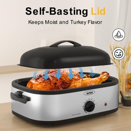 Sunvivi 14-Quart Electric Roaster Oven with Self-Basting Lid, Stainless Steel Turkey Roaster Oven with Rack, No Removable Pan, Easy to Clean, Silver