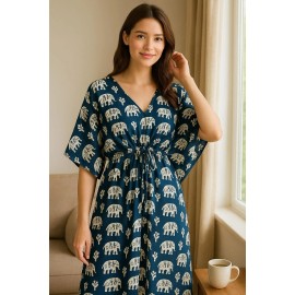 AMRANIS Indian Blue Long Animal Print Cotton Hippie Maxi Women Nightwear Caftan Dress