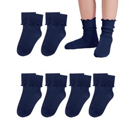 Witwot Ruffle Socks for Girls Kids Toddler Turn Cuff Dress Socks 7-10 Years Navy