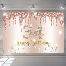 Happy 34th Birthday Decorations Backdrop Banner for Women Happy 34 Years Old Party Sign Poster Woman 34th Birthday Rosegold Photography Background 34th Birthday Party Supplies, 150x90cm
