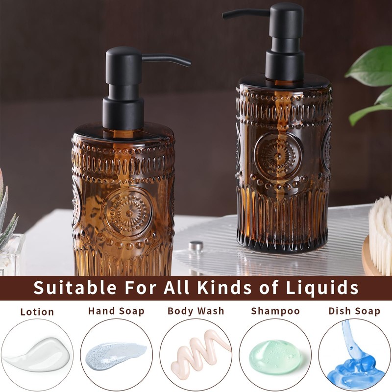 Simeitol 17 OZ Amber Glass Soap Dispenser with Black Stainless
