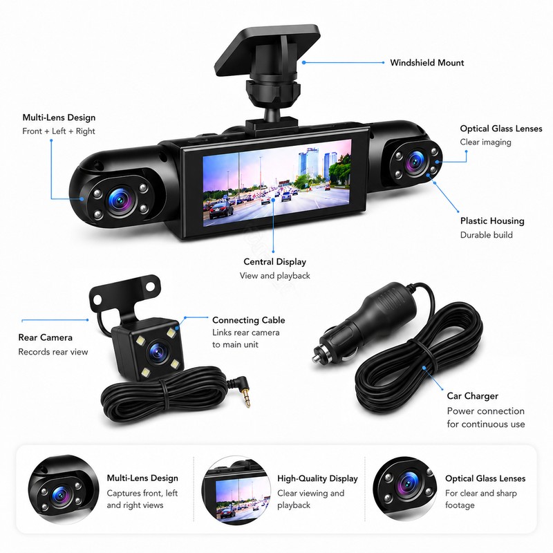 Multi-Lens Dash Cam for Vehicle Recording – 1080P Front, Side