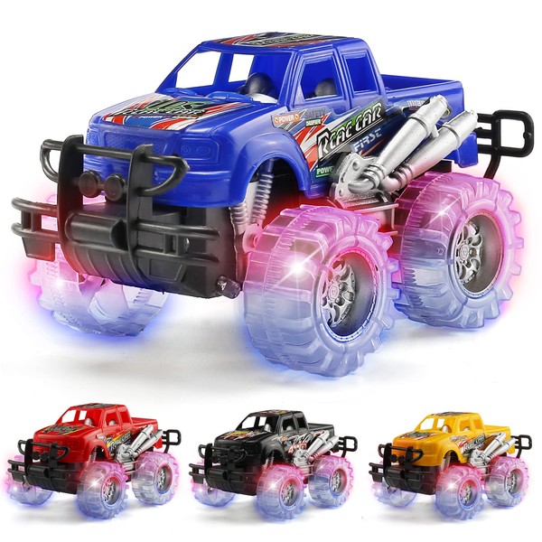 MAPIXO 4 Pack 4 Colors Monster Truck Set with Light Up Flashing LED Wheels, Best Gift for Boy and Girl Age 3+ Years Old. Push n Go Car, Monster Car Toy for Kids Child Toddler Birthday Party Favors