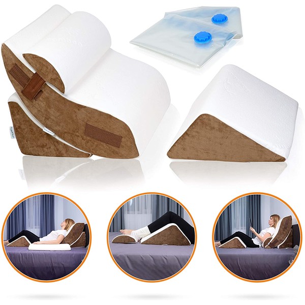 Lunix LX5 4pcs Orthopedic Bed Wedge Pillow Set, Post Surgery Memory Foam for Back, Neck and Leg Pain Relief. Sitting Pillow, Comfortable and Adjustable Pillows Acid Reflux and GERD for Sleeping Brown