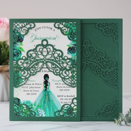 Hosmsua 50PCS Blank Emerald Green Quinceanera Invitations Kit, 5.1x7.3 Inch Laser Cut Floral Crown Pocket Quinceanera Invitation Cards with Envelopes for Birthday Quince Anos Invite