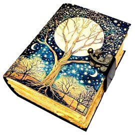 KMAAC Large Grimoire 400 pages Tree of Life Leather Journal Notebook Vintage Journal for Women & Men - Book of Shadows - Lock Closure Deckle Paper supply Witch Spell 7x5 Inch