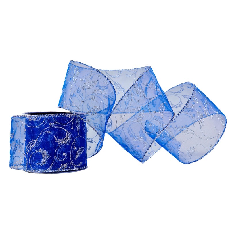 QIANF Royal Blue Organza Sheer Ribbon with Glitter Swirl Pattern
