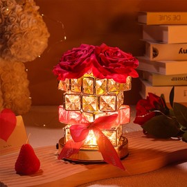Crystal Table Lamp, Rechargeable Cordless Rose Light 3 Colors Dimmable Flower Lamp, Romantic LED Diamond Lamp for Bedroom Living Room Decor, Valentine Birthday Gift for Her (Rose Red)