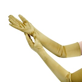 Nackiy Long Gold Opera Gloves for Women, 1920s Satin Stretchy Elbow Length Party Gloves Costumes Bridal Evening Dress, 20inch