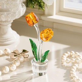 Enjinkail Crystal Yellow Tulips Flower Figurines Glass Tulips Bouquet Vase Statue Tulips Gifts for Women Mom Wife Her Birthday Mothers Day Valentine Thanks Giving Christmas Tulip Ornament Home Decor