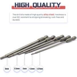 HOPLEX 5PCS RC Hex Bit 1.27mm 1.5mm 2.0mm 2.5mm 3.0mm Hex Head Allen Wrench Drill Bit Set for Screwdrivers Electric Screwgun/Power Drill