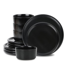 Stone Lain Eden 12-Piece Dinnerware Set Stoneware, Plates and Bowls Set, Dishwasher and Microwave Safe Dish, Dish Set for 4, Black