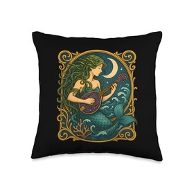 Mermaid Mandolin Art Nouveau Shantycore Throw Pillow