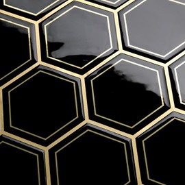 Skyblur 10-Sheet Hexagon Peel and Stick Backsplash Tile for Bathroom, 12"x12" Stick on Backsplash for Kitchen, Black and Gold 3D Self Adhesive Honeycomb Wall Tiles, Subway Tile Peel and Stick Vinyl