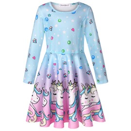 Quedoris Girls Twirly Printed Casual Party Long Sleeve Dress Diamond Unicorn L