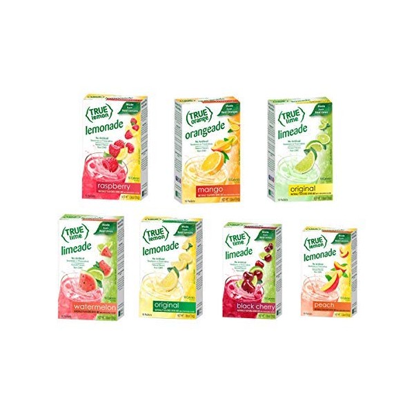 True Lime 7 flavor variety Pack: WATERMELON AQUA FRESCA, LIMEADE, Original Lemonade, Peach, Black Cherry, Raspberry & Mango Orange. True Citrus Assorted Beverage Pack: (7 boxes), Red