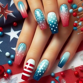 Independence Day Press on Nails Long Length Ballet Shaped Stars Stripes Pattern Design 4th July Press Ons Fake Nail Red Blue Smudge Gradient Glitter Artificial Fingernails Glue on Nail for Women