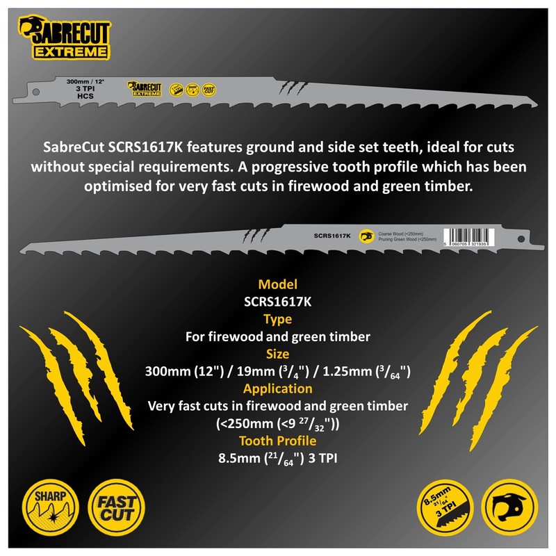 3 x SabreCut SCRS1617K_3 300mm 3 TPI S1617K Very Fast