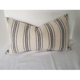 Pillow Cover Grain Sack Blue and Natural Stripe Handmade