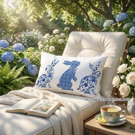 Easter Blue and White Porcelain Color Bunny Throw Pillow Cover for Home Party Decor, 12 x 20 Inch Chinoiserie Blue Flowers Rabbits Decor Holiday Farmhouse Decorative Spring Pillow Case for Sofa Couch