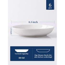 Y YHY Pasta Bowls, 30oz Salad Bowls White Soup Bowls Large Pasta Serving Bowl Porcelain Pasta Plates Wide and Shallow Bowls Set of 6 Microwave Dishwasher Safe Valentines Day Gift
