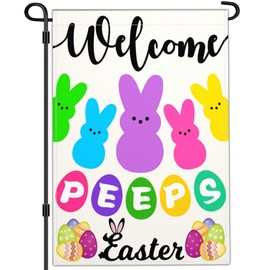 Yesuavt Welcome Easter Peeps Garden Flag Small Spring Easter Eggs Garden Flags for Outside 12x18 Double Sided Outdoor House Yard Sign Holiday Decorations