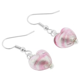 GlassOfVenice Murano Glass Heart Earrings - Striped Silver Pink