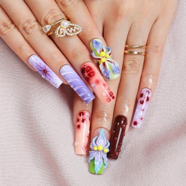 Flower Press on Nails Handmade Long Coffin Muti-Layer Gel Fake Nails Gradient Floral 3D Waterdrop Pattern Design Spring Summer Multicolor Thick False Nails French Tip Acrylic Nails for Women (Size M)